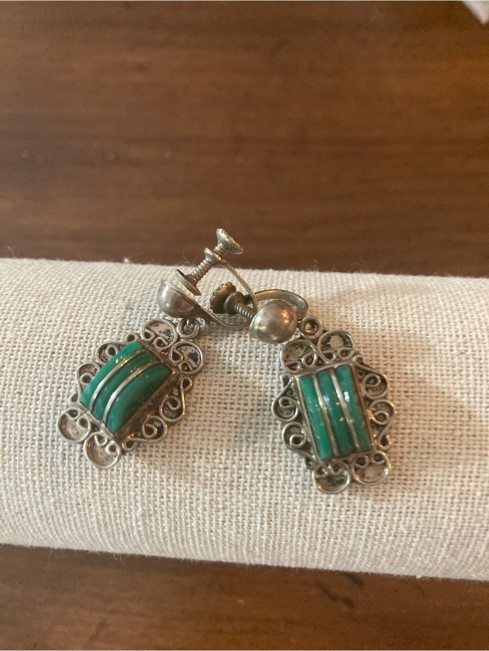 Vintage clip on/ screw on  Silver Filigree and green Earrings.